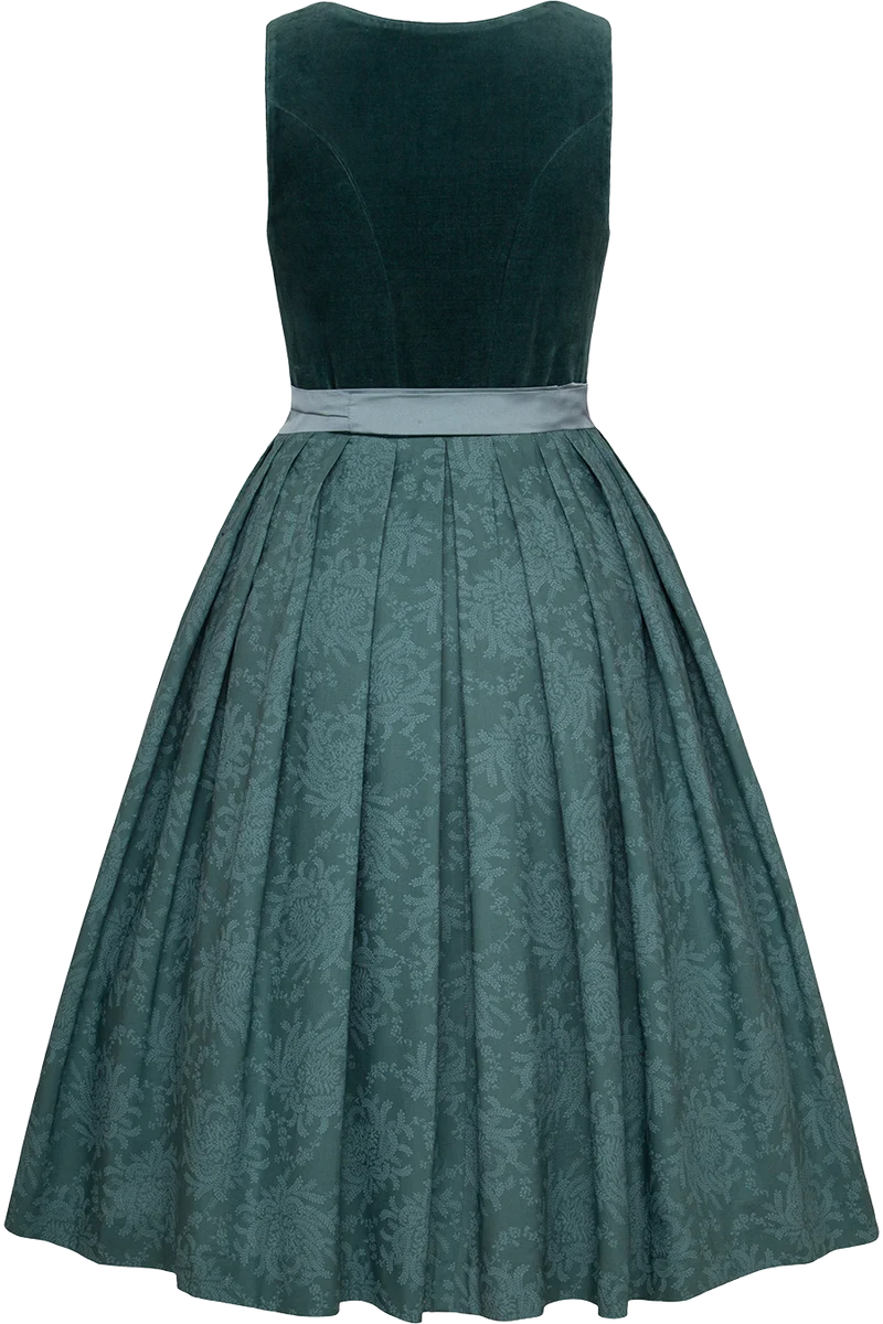 Midi-Samtdirndl mit eckigem Ausschnitt und Knöpfe