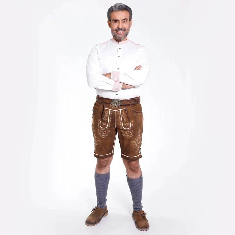 Herren kurze Lederhose mit Latzstickerei modern