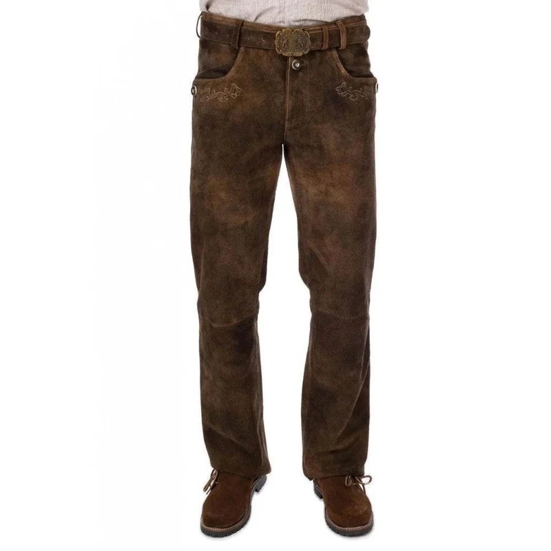 Herren Lederhose mit Hirschstickerei & Beinschnürung