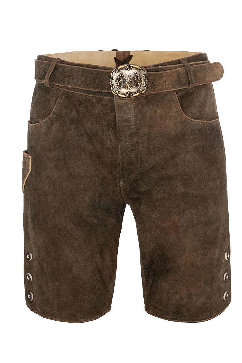 Kurze Herren Lederhose mit Reißverschluss Gürtel mit Bayernwappen
