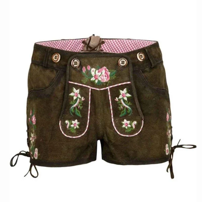Kurze Trachtenhose Damen dunkelbraun mit Zierschnürung