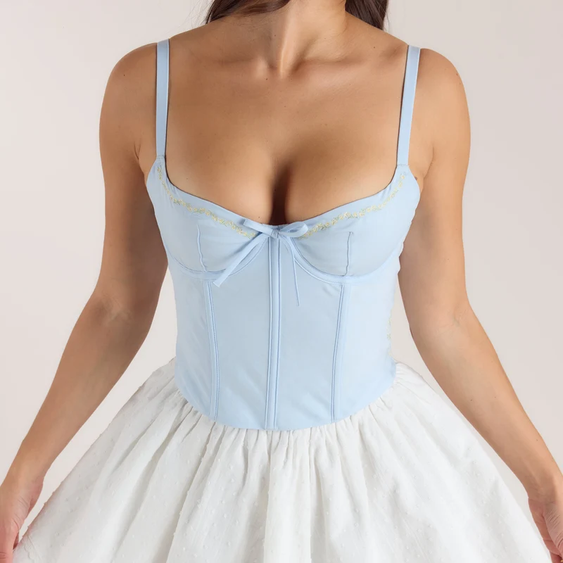 Bestickter Korsett-Top mit Blumenmuster - Blau