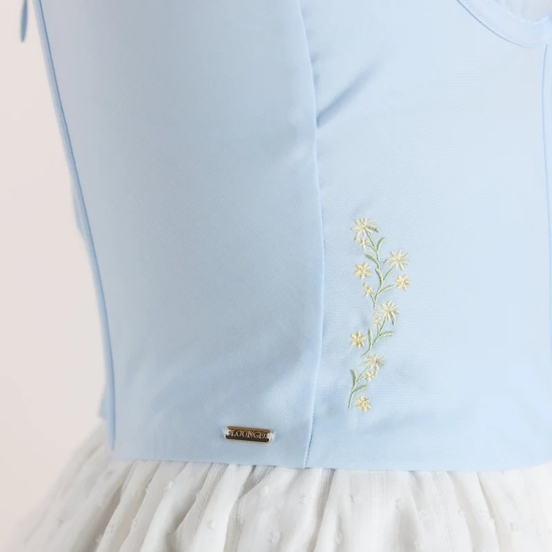Bestickter Korsett-Top mit Blumenmuster - Blau