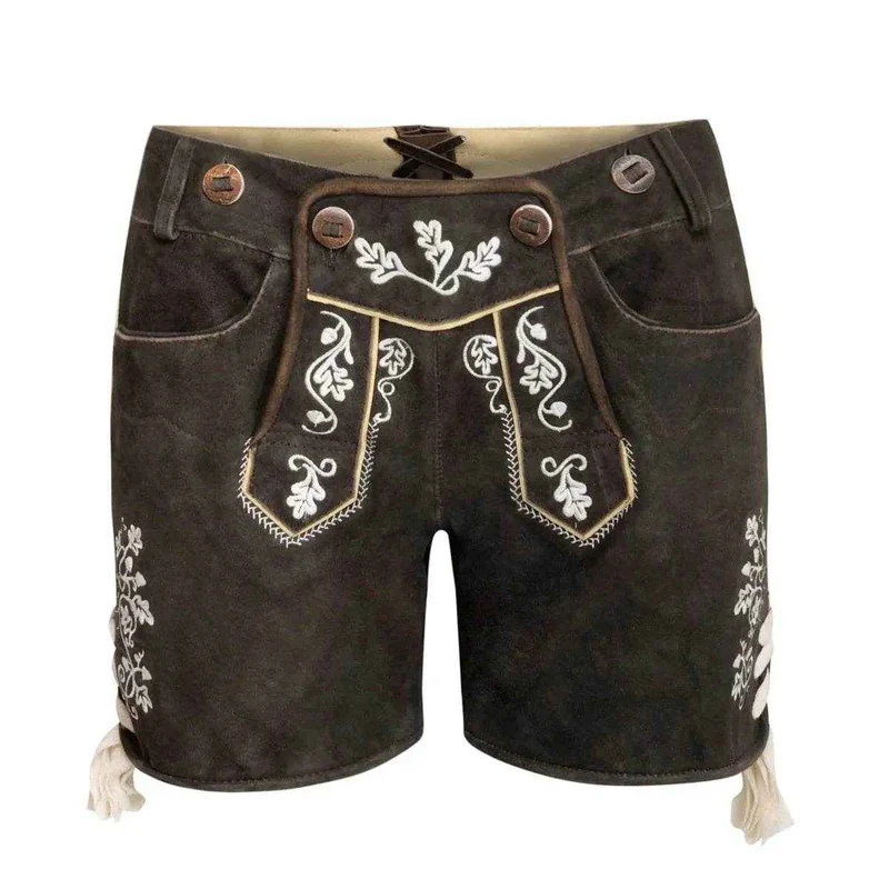 Damen Lederhosen kurz dunkelbraun Trachtenstickerei