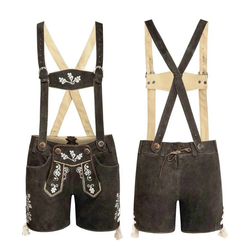 Damen Lederhosen kurz dunkelbraun Trachtenstickerei