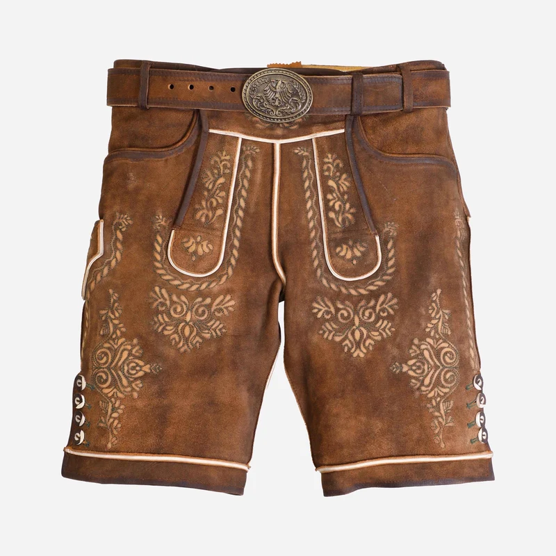 Männer Lederhose kurz mit Hirschstickerei