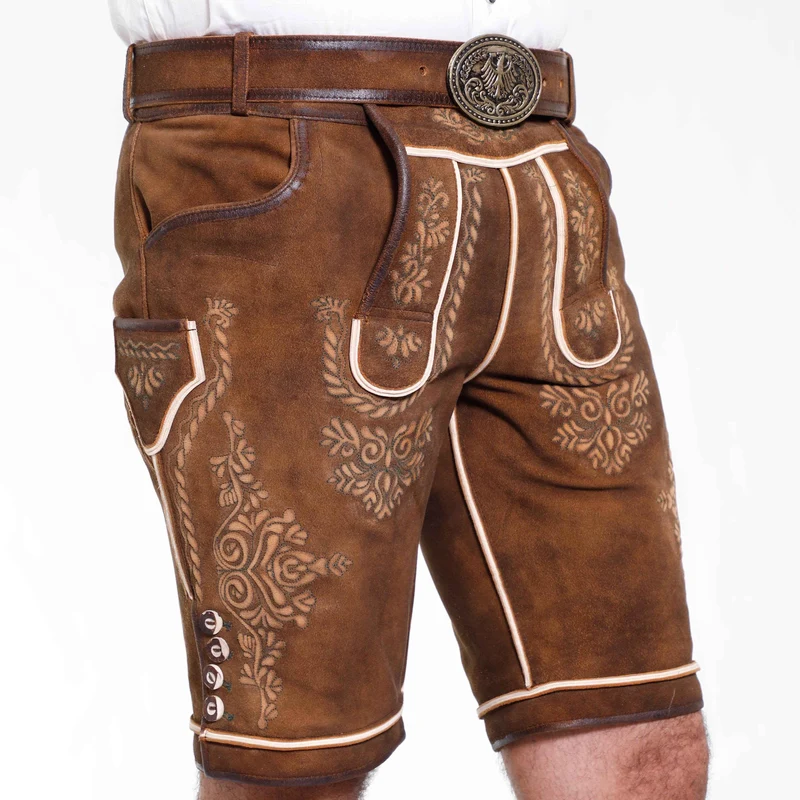 Männer Lederhose kurz mit Hirschstickerei