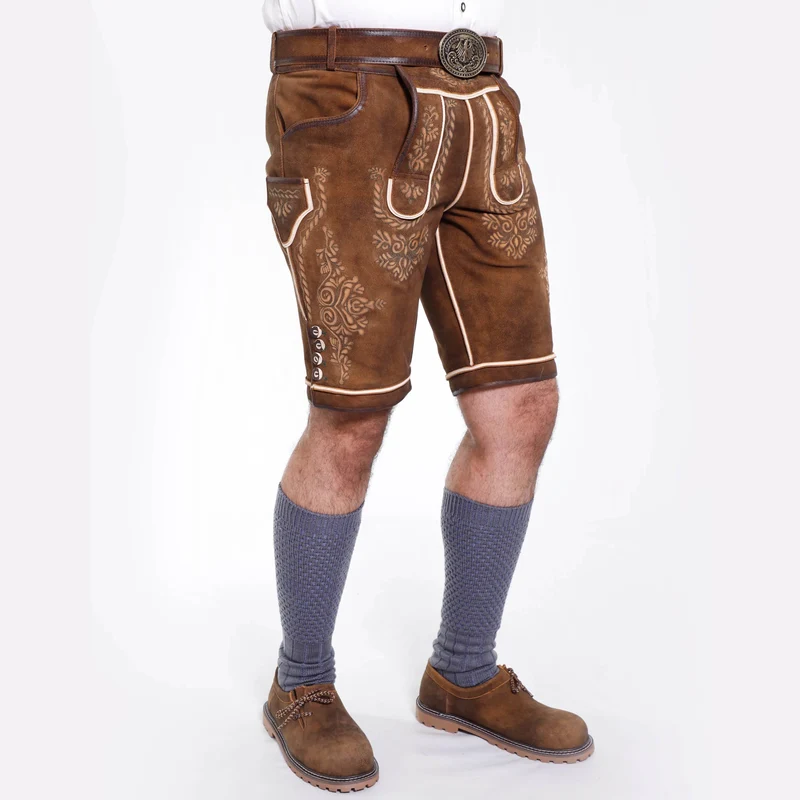 Männer Lederhose kurz mit Hirschstickerei