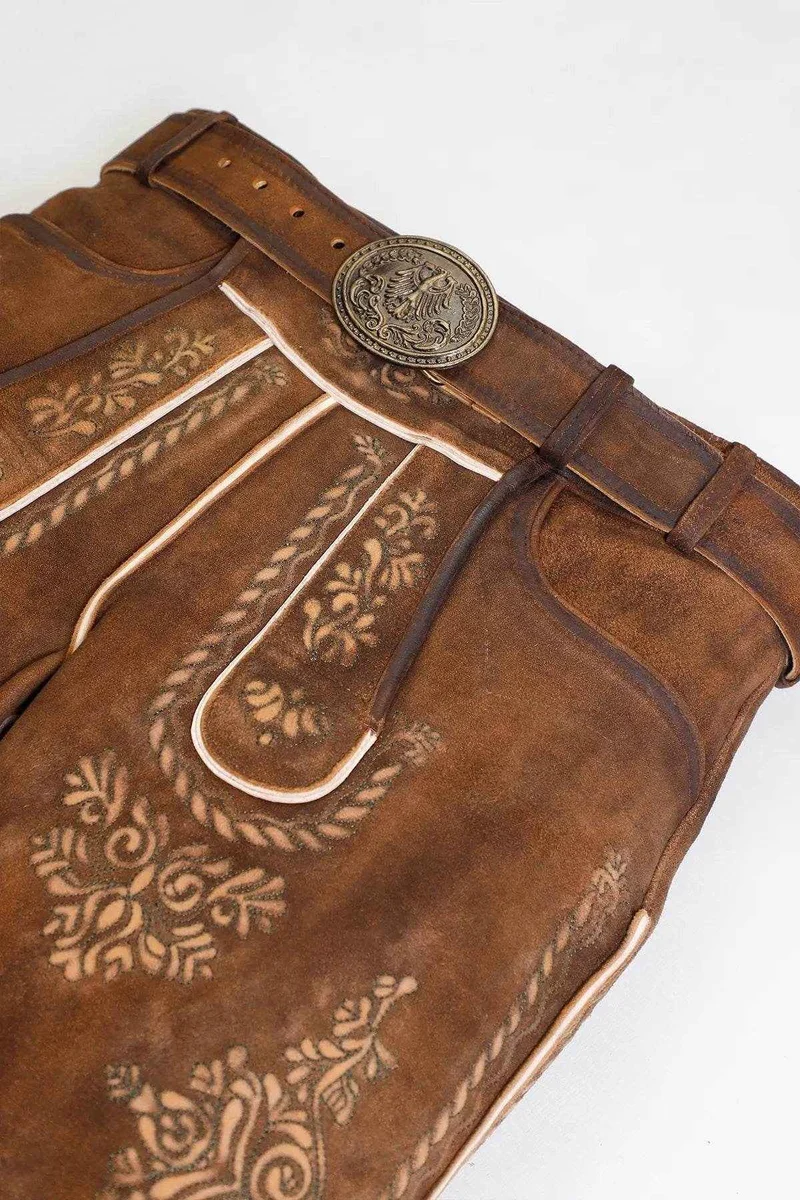 Männer Lederhose kurz mit Hirschstickerei