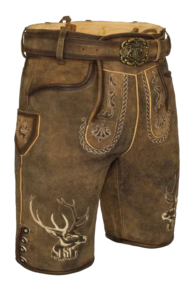 Trachtenlederhose Herren kurz mit Hirschkopf-Stickerei