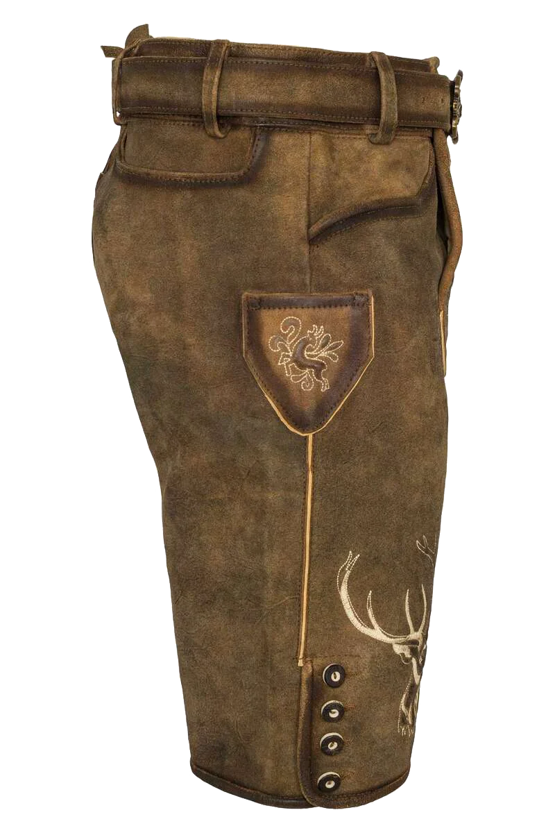 Trachtenlederhose Herren kurz mit Hirschkopf-Stickerei