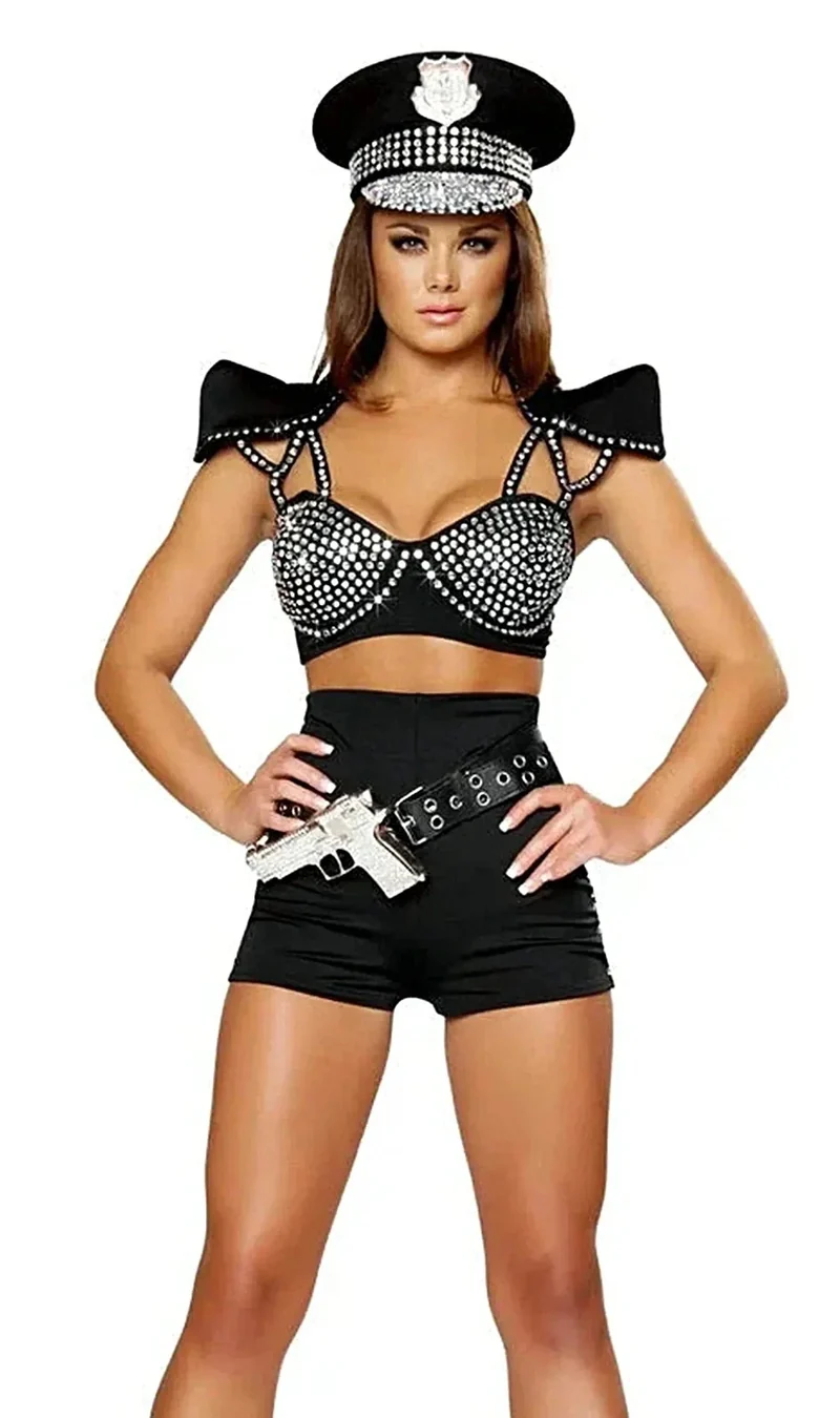 ROMA IS-4396 Sexy Polizistinnen-Kostüm für Damen – 2-teilig, Silber/Schwarz, Größe M/L, mit Nieten-BH-Top und Shorts