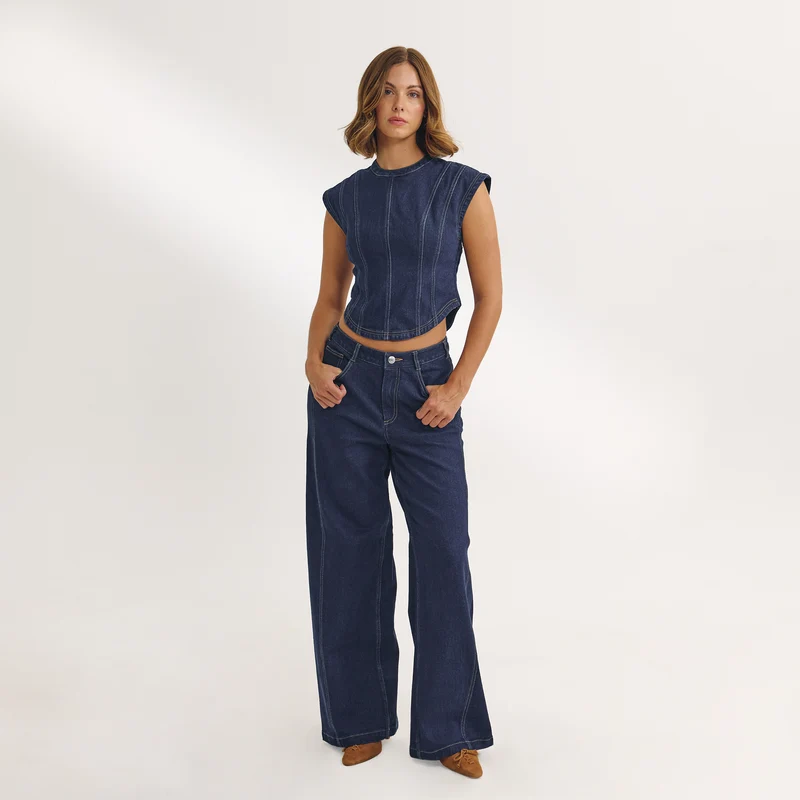 Low-Rise-Jeans mit Weitem Bein - Indigo
