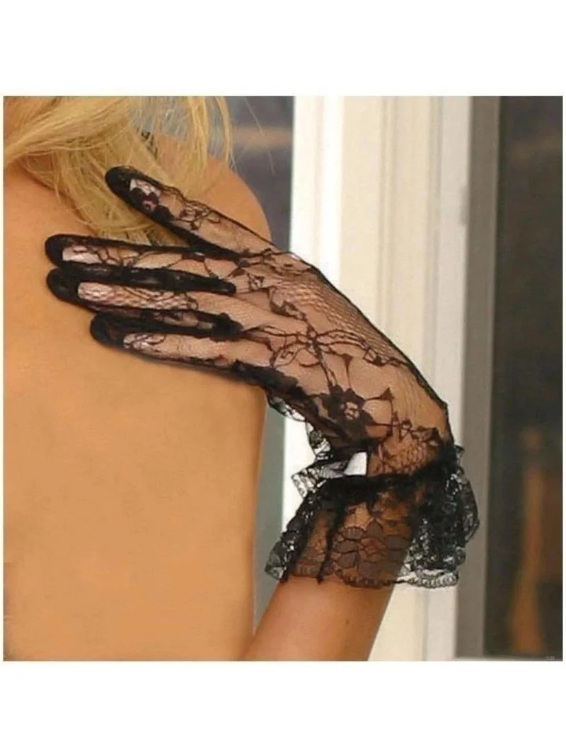 Elegante Spitzenhandschuhe mit Rüschenbesatz – Schwarz, handgelenklang