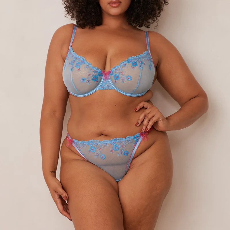 Floral Embroidered Balcony BH - Blau