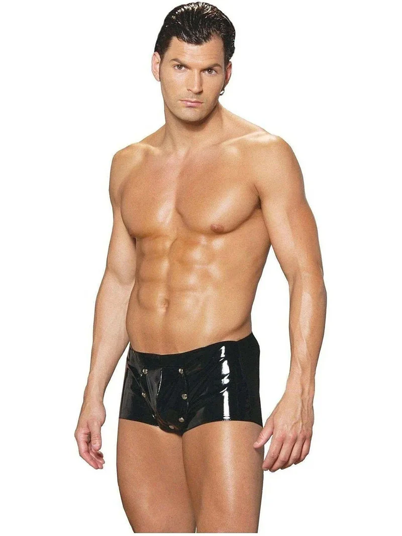 Elegant Moments V9209 Schwarze Vinyl-Shorts für Herren mit praktischem Frontverschluss – Größen S–XL