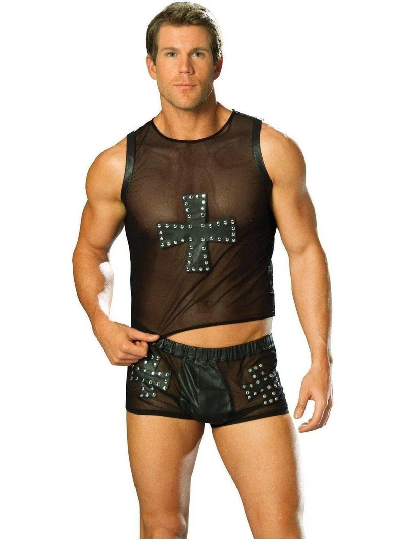 Elegant Moments L9285 Herren-Shorts aus Leder und Netzstoff mit Kreuz- und Nagelkopfdetail