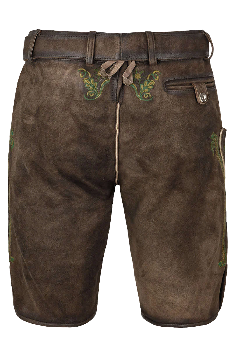 Herren Lederhose mit Gürtel kurz Braun mit grüner Stickerei