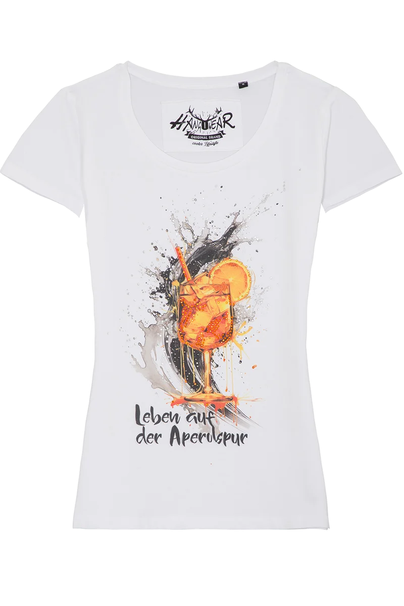 Damen T-Shirt mit Aperolglas und Glitzersteinen - weiß