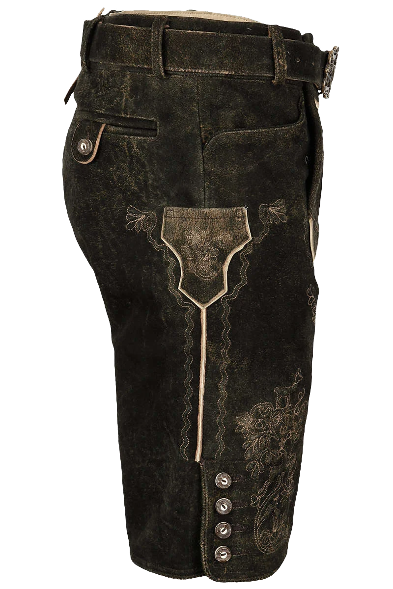 Kurze Herren Lederhose braun mit Gürtel beiger Stickerei