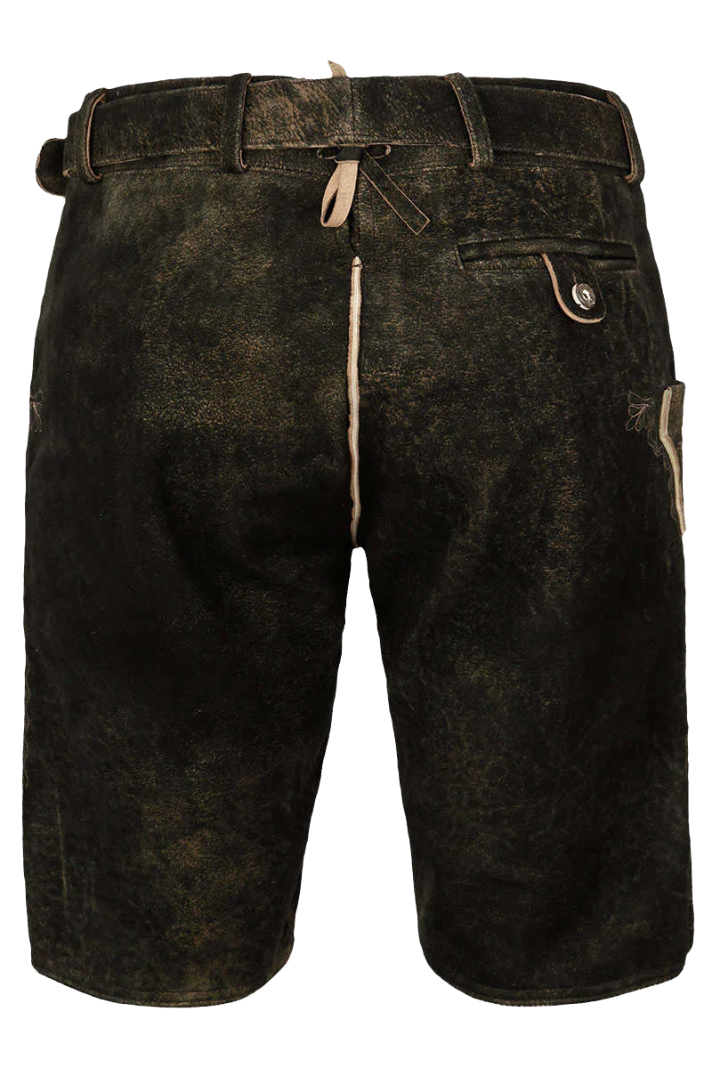 Kurze Herren Lederhose braun mit Gürtel beiger Stickerei