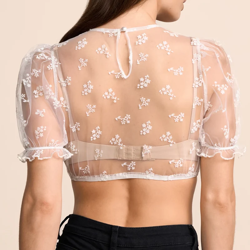 Krüger Dirndlbluse Henna Ecru Transparent mit Blümchen Puffarm